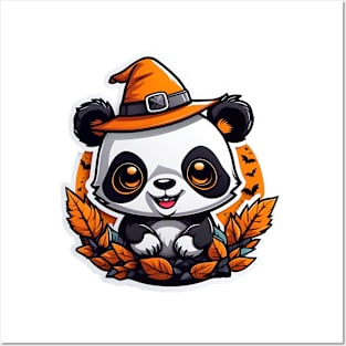 A adorable panda bear wearing a witch hat, halloween art Posters and Art